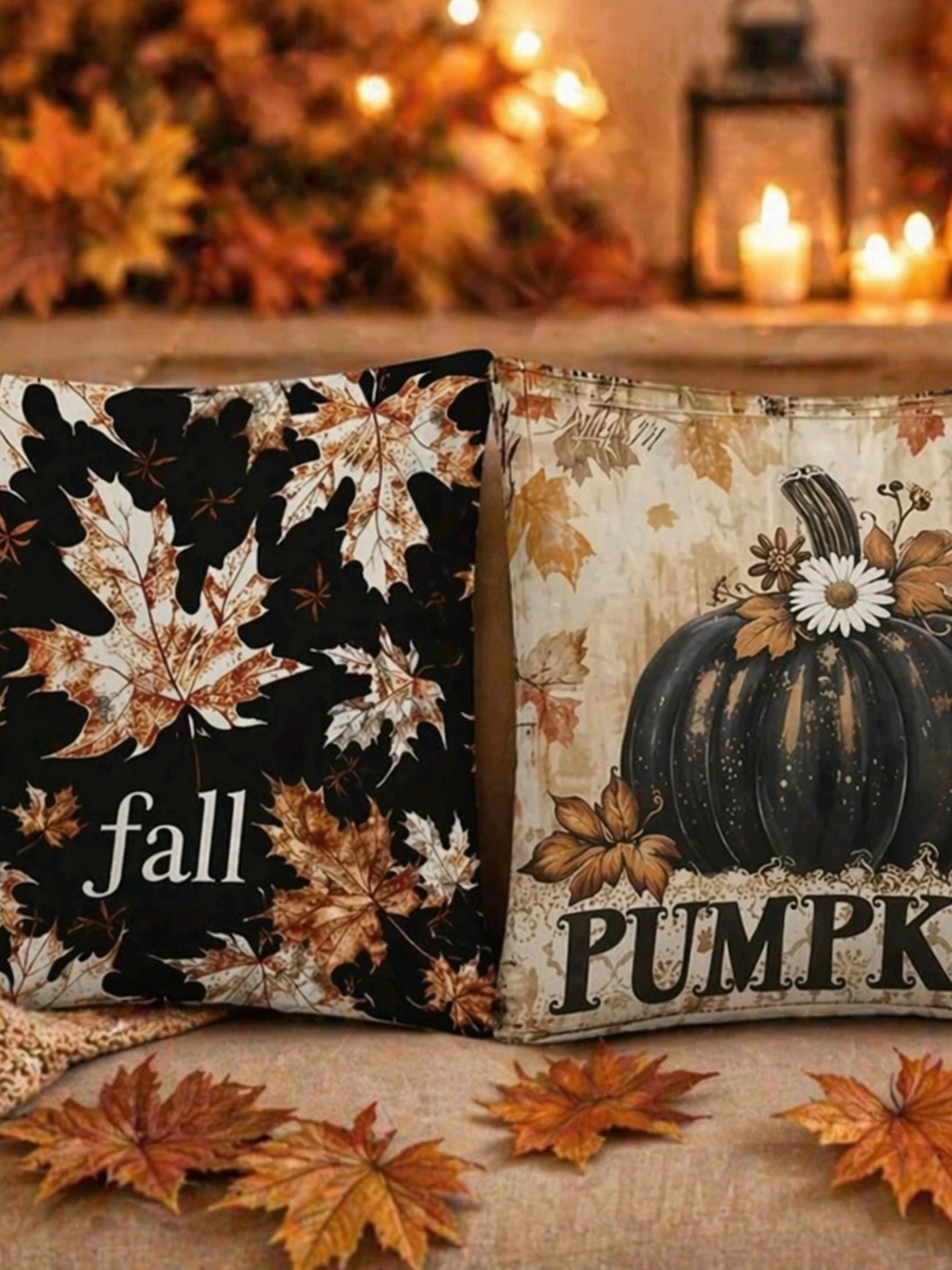 Set Of 2 Fall Decorative Pillow Covers - Autumn Leaves & Pumpkin